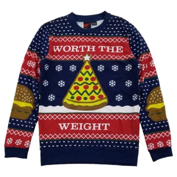 Mad Engine Christmas Worth the Weight Ugly Sweater Pizza Burger - Picture 1 of 7
